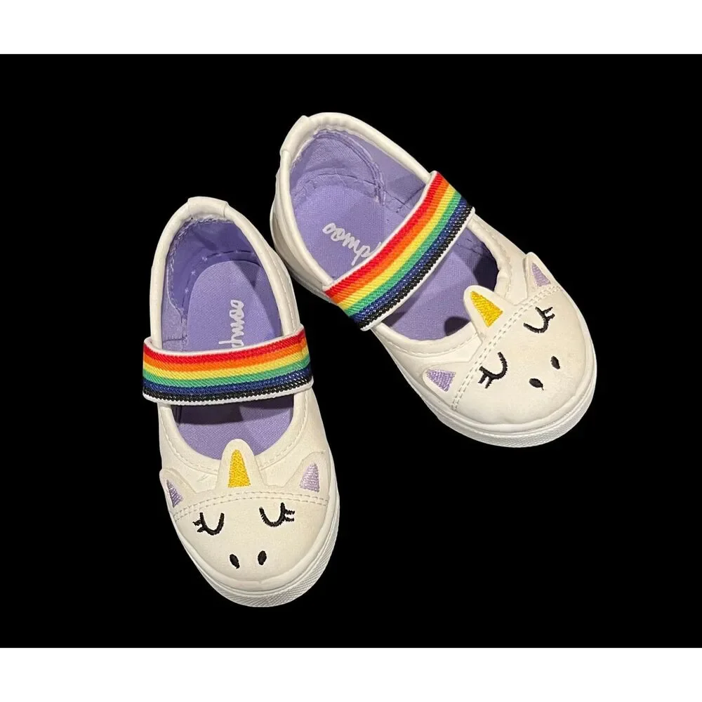OOMPHIES Toddler Girl Slip On Mary Jane Unicorn Shoes Rainbow Strap Sz 5